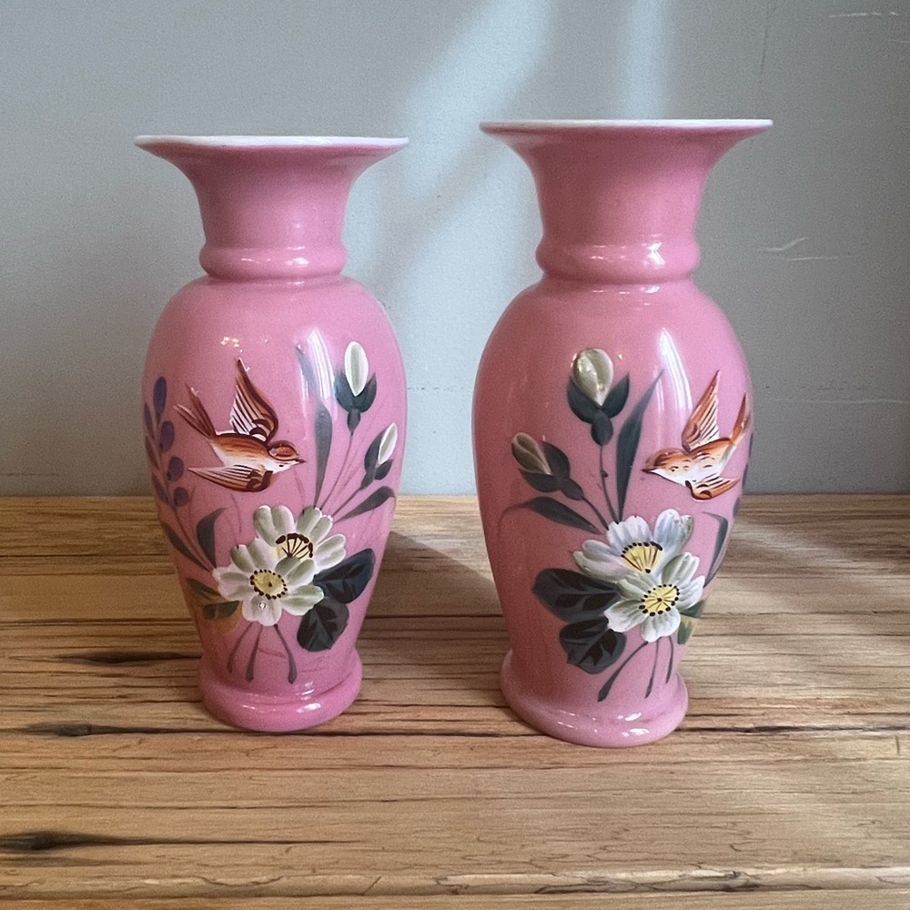 Pair of antique Bristol pink opaline glass vases